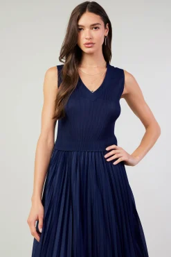 Current Air Midi Dresses-Cari Ribbed Contrast Pleated Dress NAVY