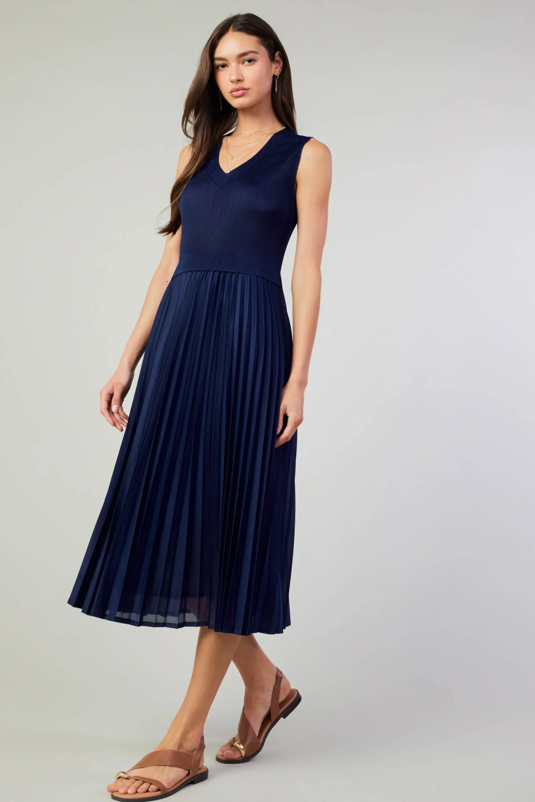 Current Air Midi Dresses-Cari Ribbed Contrast Pleated Dress NAVY