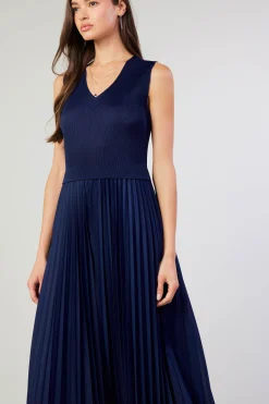 Current Air Midi Dresses-Cari Ribbed Contrast Pleated Dress NAVY