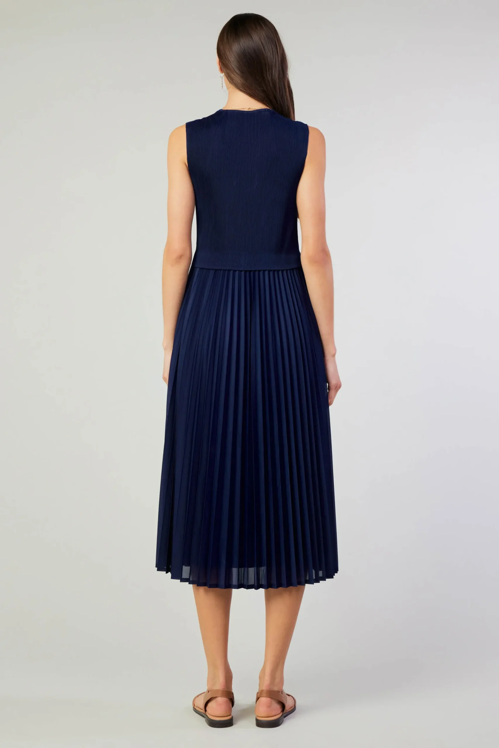 Current Air Midi Dresses-Cari Ribbed Contrast Pleated Dress NAVY