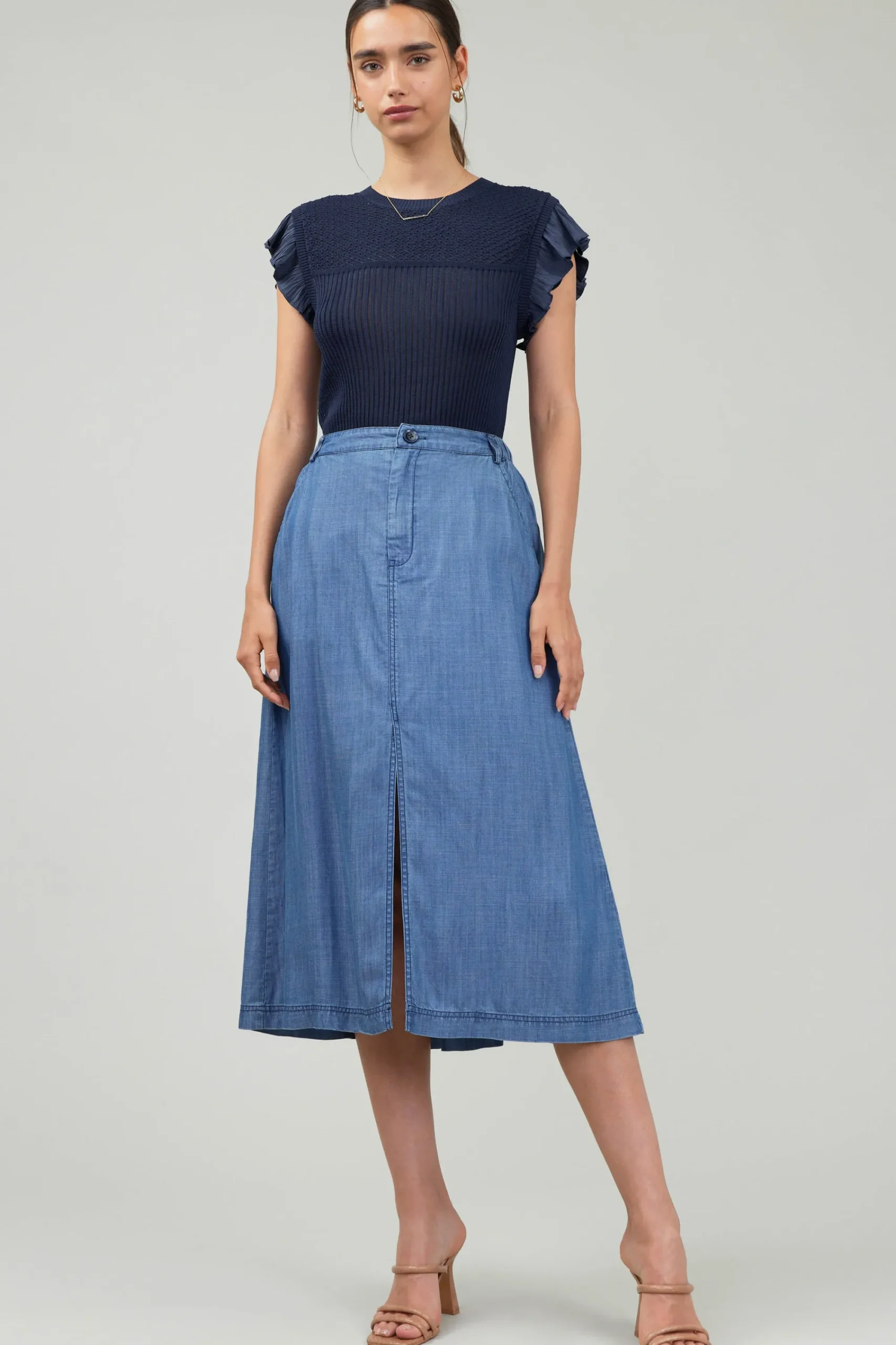 Current Air Skirts-Box Pleat Skirt CHAMBRAY