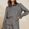 Current Air Long Sleeve Tops-Chambray Button Down Blouse WASHEDBLACK