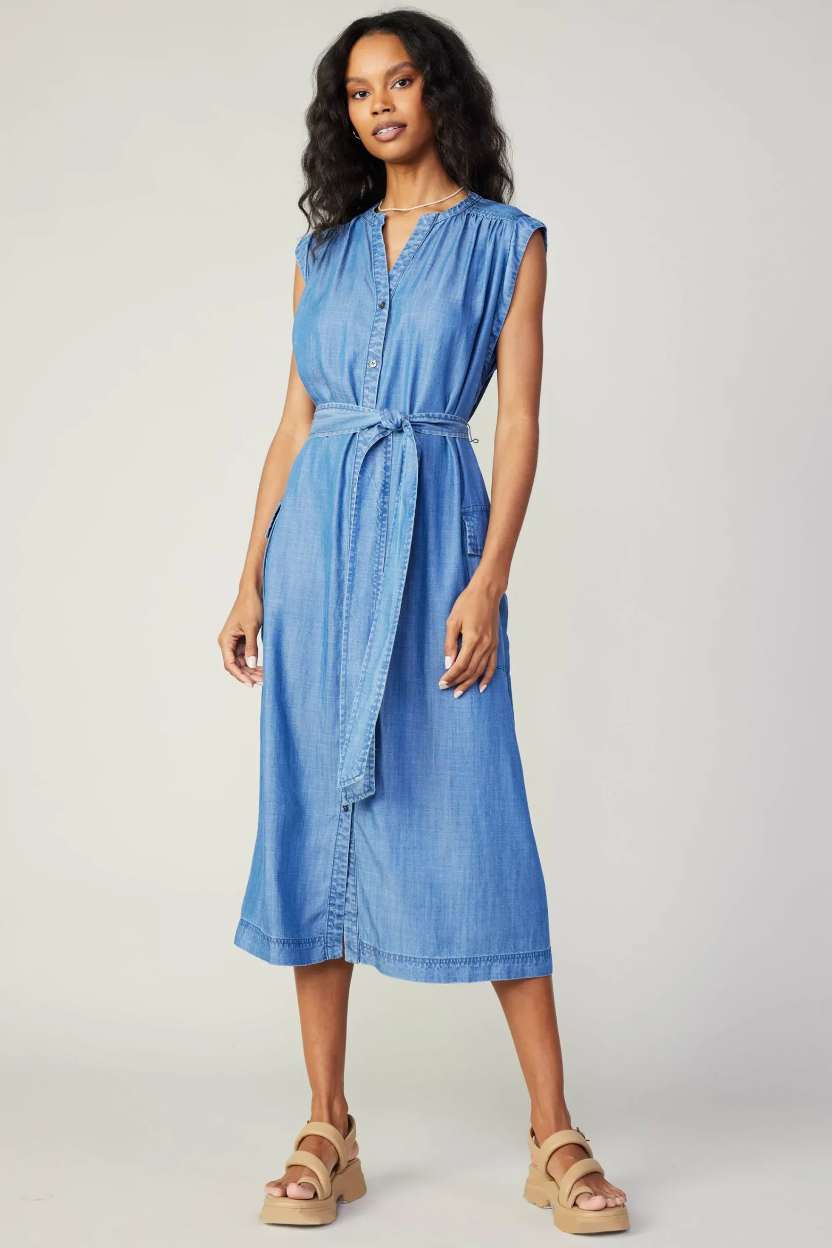 Current Air Midi Dresses-Buttondown Shirt Dress CHAMBRAY