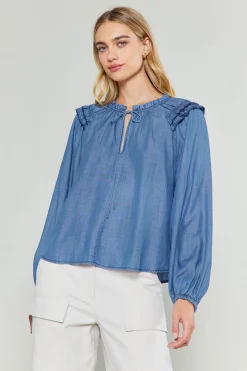 Current Air Long Sleeve Tops-Picot Stitched Blouse CHAMBRAY