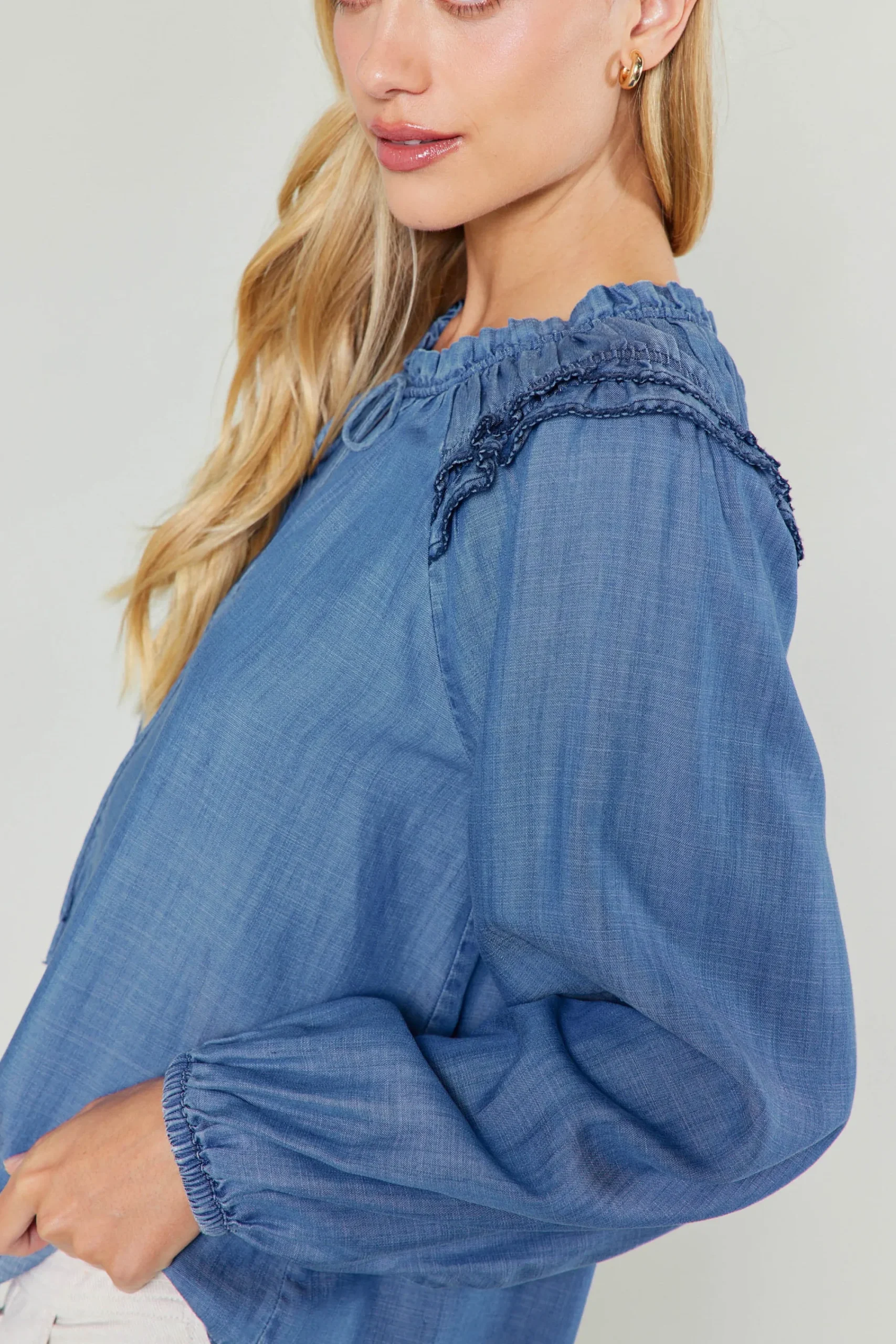 Current Air Long Sleeve Tops-Picot Stitched Blouse CHAMBRAY