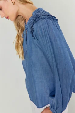Current Air Long Sleeve Tops-Picot Stitched Blouse CHAMBRAY