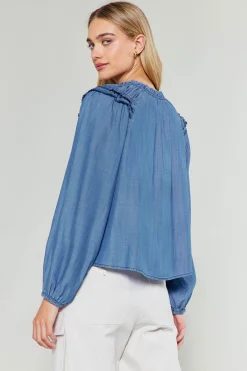 Current Air Long Sleeve Tops-Picot Stitched Blouse CHAMBRAY