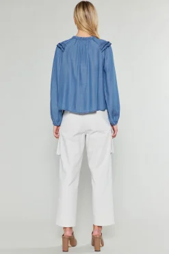 Current Air Long Sleeve Tops-Picot Stitched Blouse CHAMBRAY