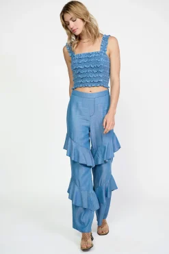 Current Air Sleeveless Tops-Smocked Crop Top CHAMBRAY