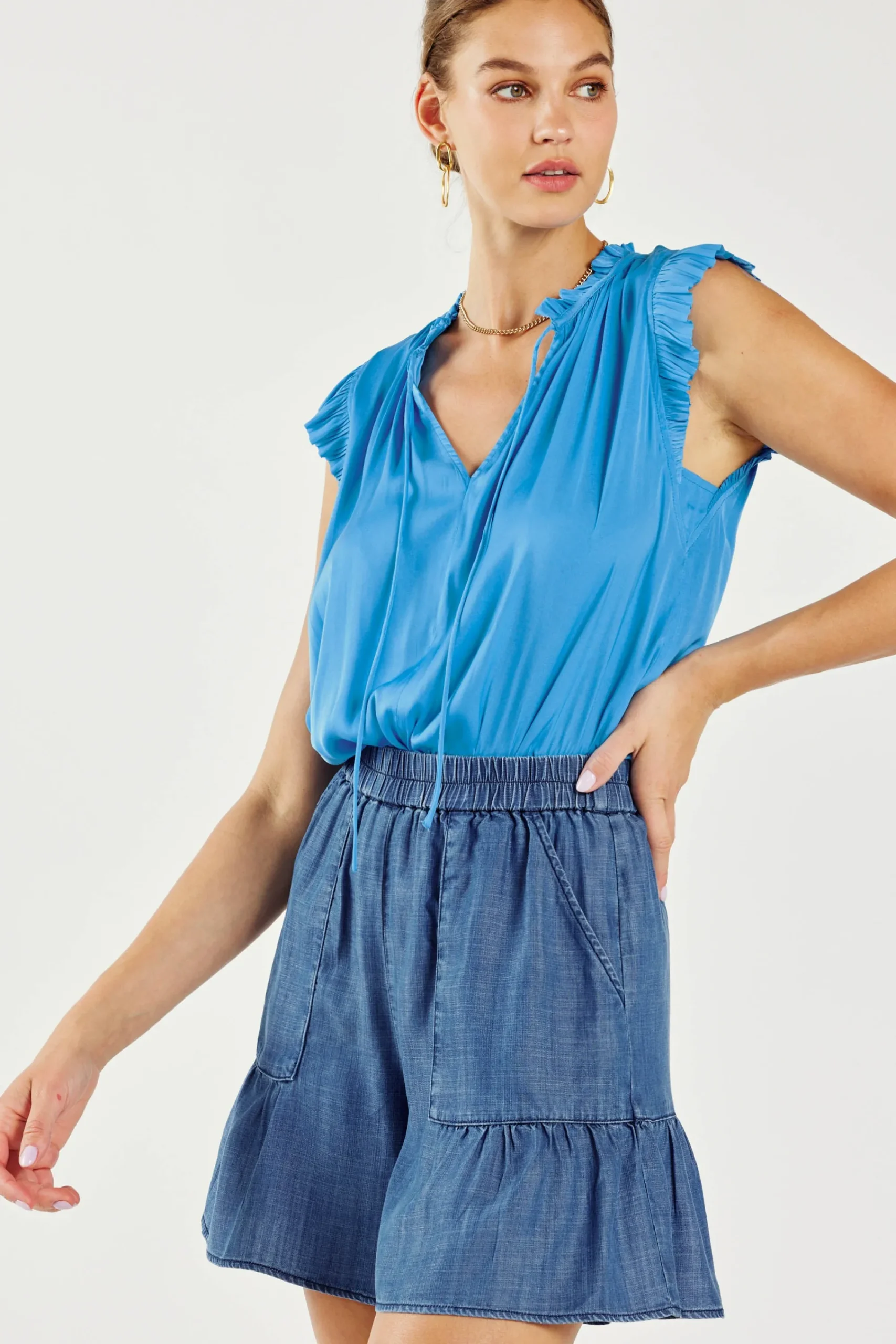 Current Air Shorts-Tiered Shorts CHAMBRAY