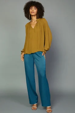 Current Air Long Sleeve Tops-Charlotte Pleated Blouse DARKOLIVE