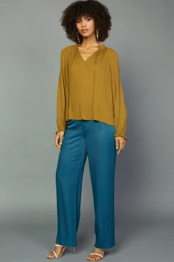 Current Air Long Sleeve Tops-Charlotte Pleated Blouse DARKOLIVE