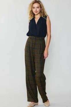 Current Air Pants-Checkered Wide Leg Pants OLIVE