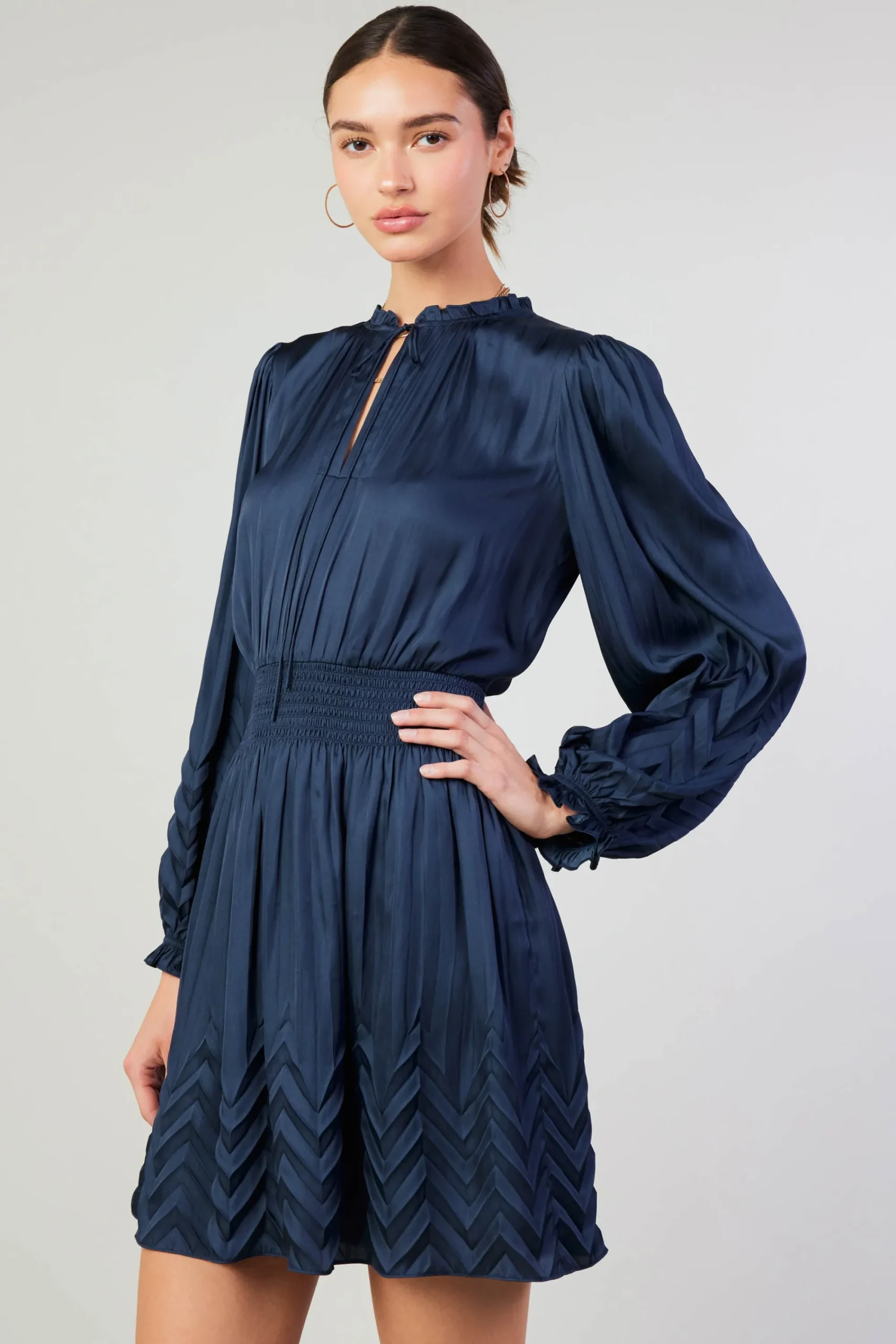 Current Air Mini Dresses-Chevron Pleat Mini Dress NAVY