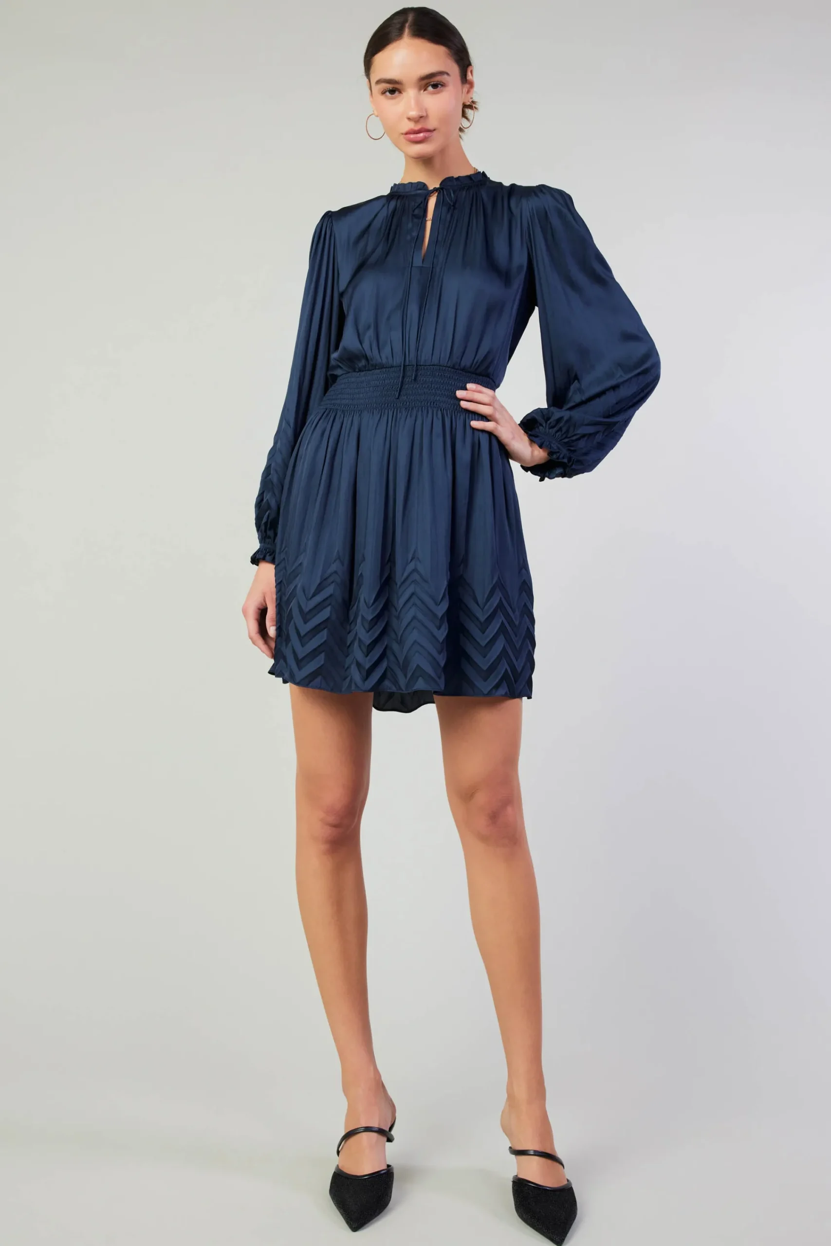 Current Air Mini Dresses-Chevron Pleat Mini Dress NAVY
