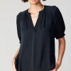 Current Air Short Sleeve Tops-Classic V Neck Blouse BLACK