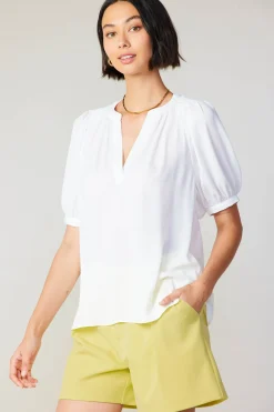 Current Air Short Sleeve Tops-Classic V Neck Blouse WHITE