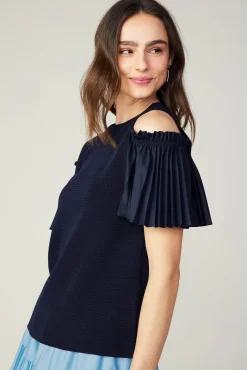 Current Air Knitwear | Short Sleeve Tops-Cold Shoulder Pleated Top NAVY