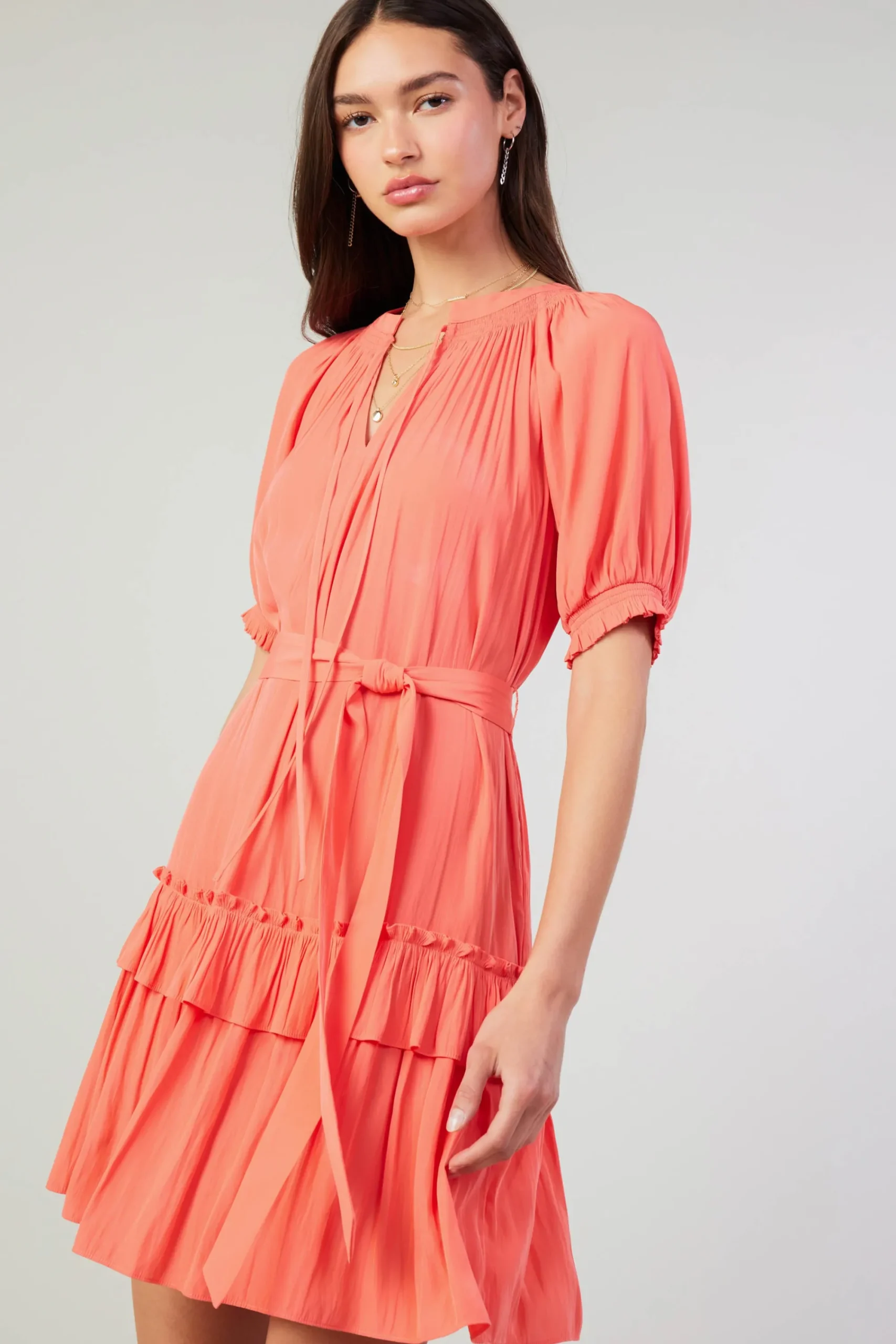 Current Air Mini Dresses-Coletta Smocked Yoke Mini Dress CORAL