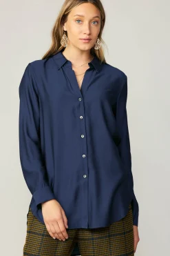 Current Air Long Sleeve Tops-Collared Button Down Shirt NAVY