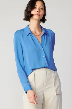 Current Air Long Sleeve Tops-Collared Buttondown Shirt BLUE