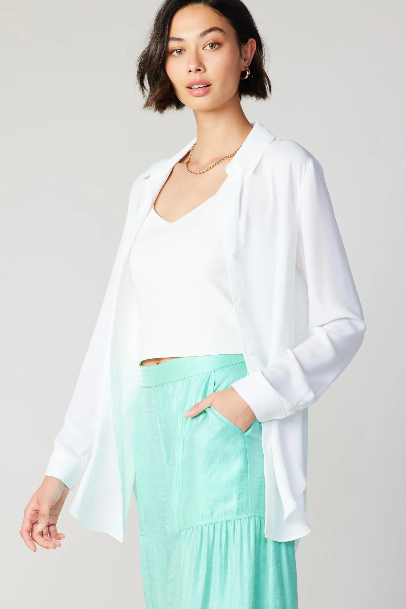 Current Air Long Sleeve Tops-Collared Buttondown Shirt WHITE