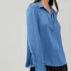 Current Air Long Sleeve Tops-Collared Splitneck Blouse DUSTYBLUE
