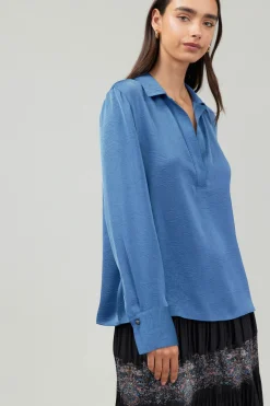 Current Air Long Sleeve Tops-Collared Splitneck Blouse DUSTYBLUE
