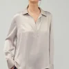 Current Air Long Sleeve Tops-Collared Splitneck Blouse SILVERSTONE