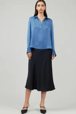 Current Air Long Sleeve Tops-Collared Splitneck Blouse DUSTYBLUE