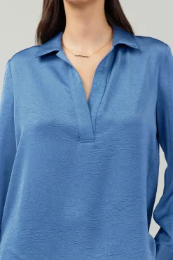 Current Air Long Sleeve Tops-Collared Splitneck Blouse DUSTYBLUE