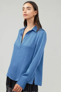 Current Air Long Sleeve Tops-Collared Splitneck Blouse DUSTYBLUE