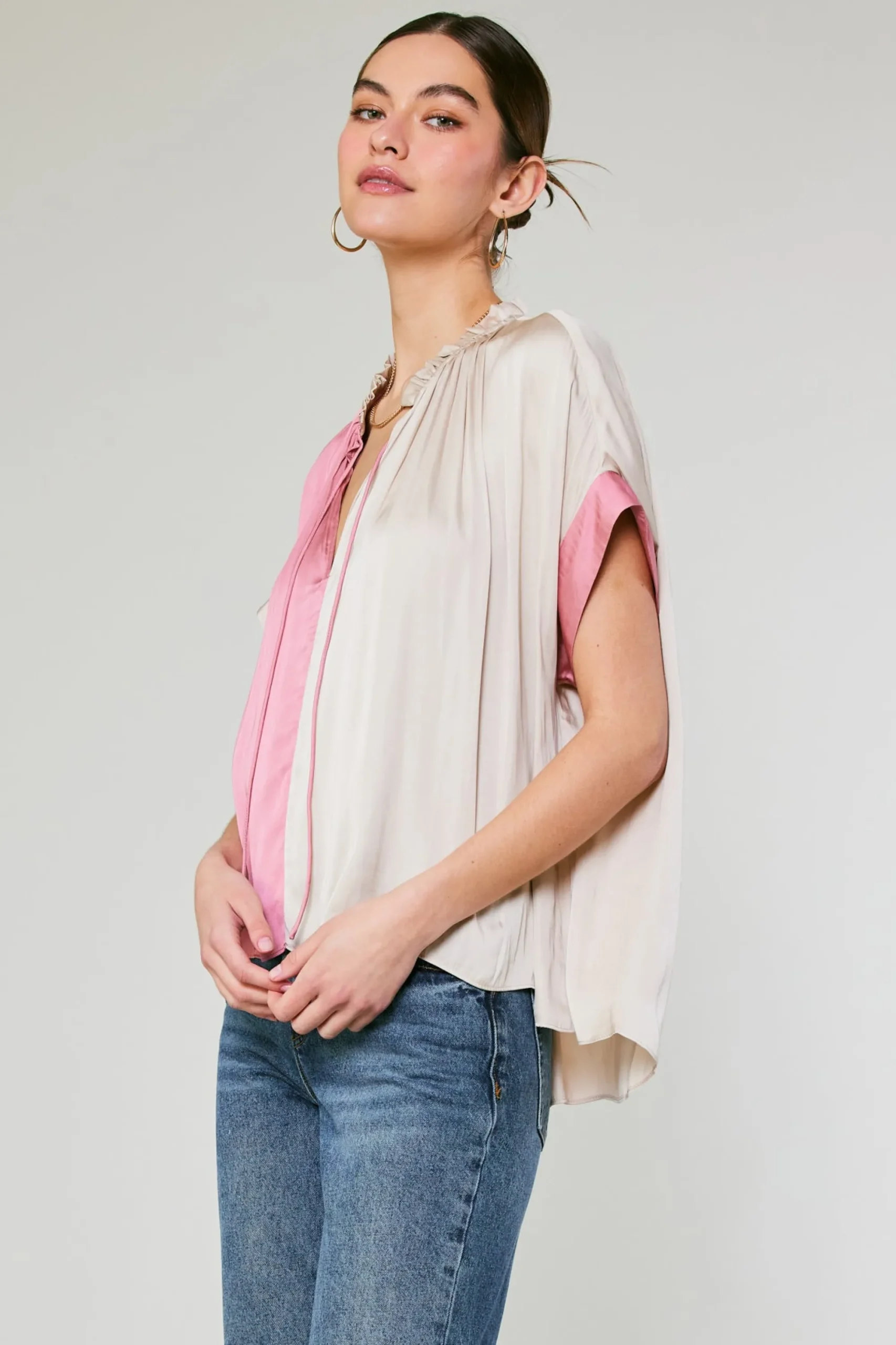 Current Air Short Sleeve Tops-Colorblock Contrast Top LIGHTTAUPE-PINK