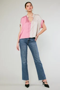 Current Air Short Sleeve Tops-Colorblock Contrast Top LIGHTTAUPE-PINK