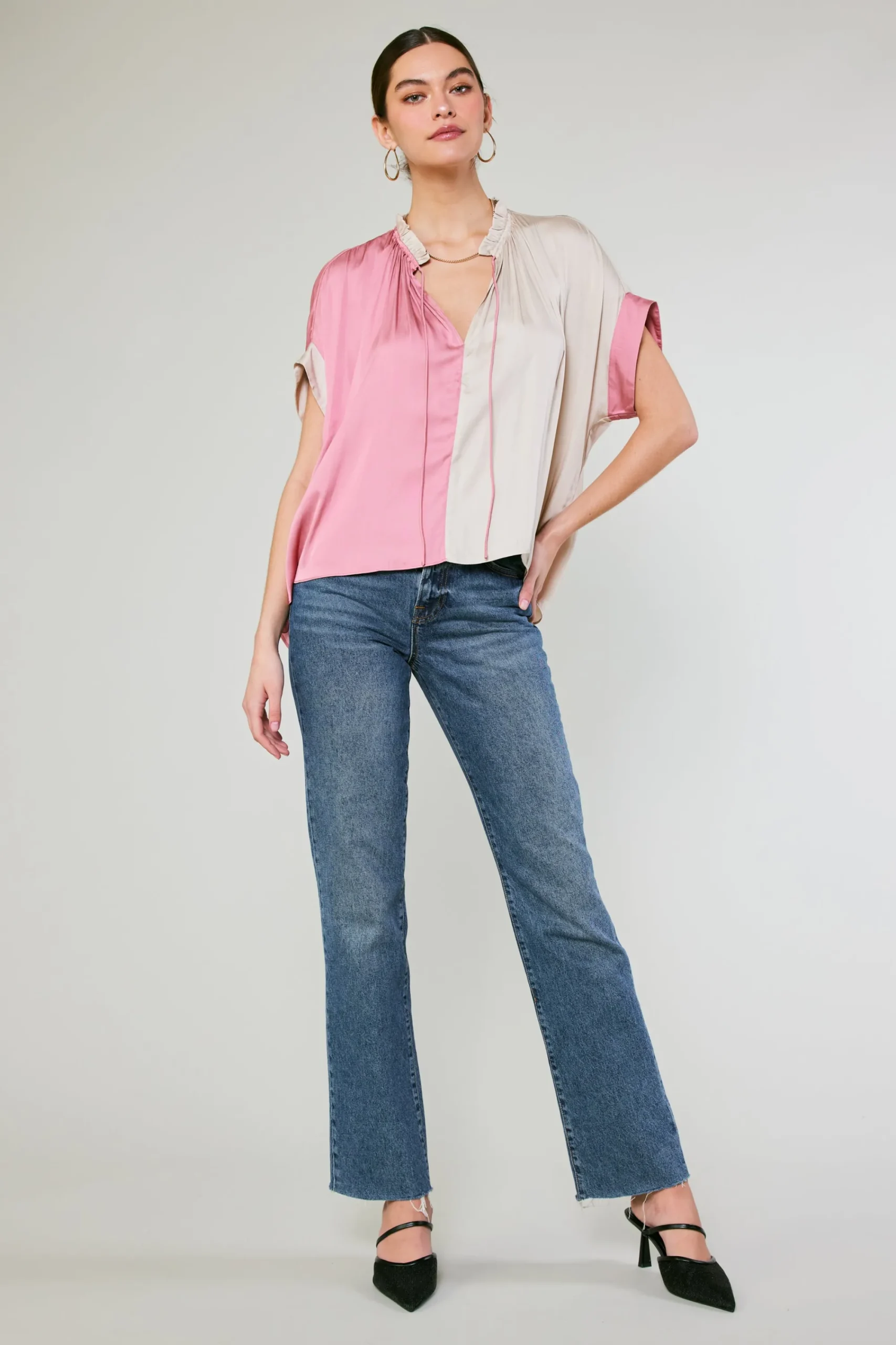 Current Air Short Sleeve Tops-Colorblock Contrast Top LIGHTTAUPE-PINK