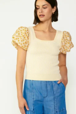 Current Air Short Sleeve Tops | Sweaters-Constrast Puff Sleeve Sweater Top APRICOTMLT