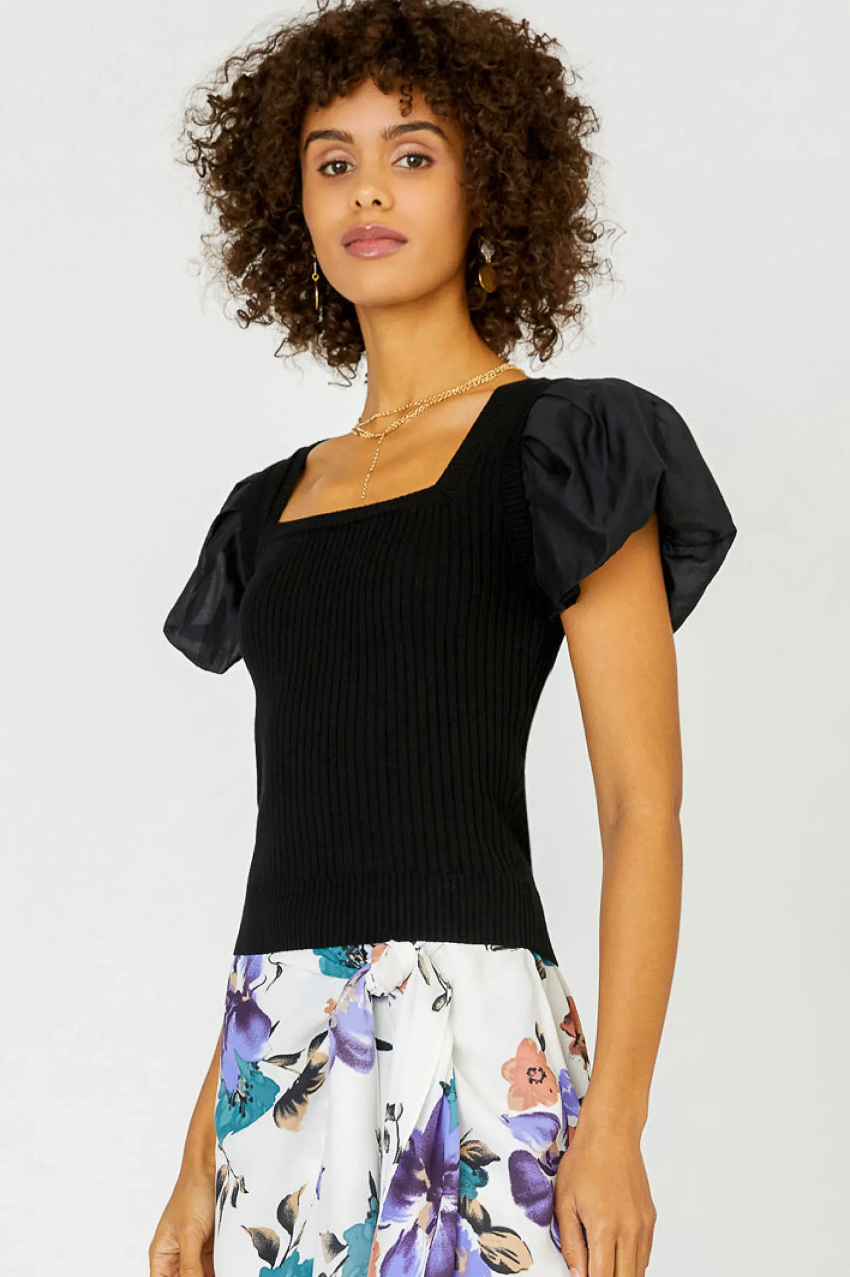Current Air Short Sleeve Tops | Sweaters-Constrast Puff Sleeve Sweater Top BLACK