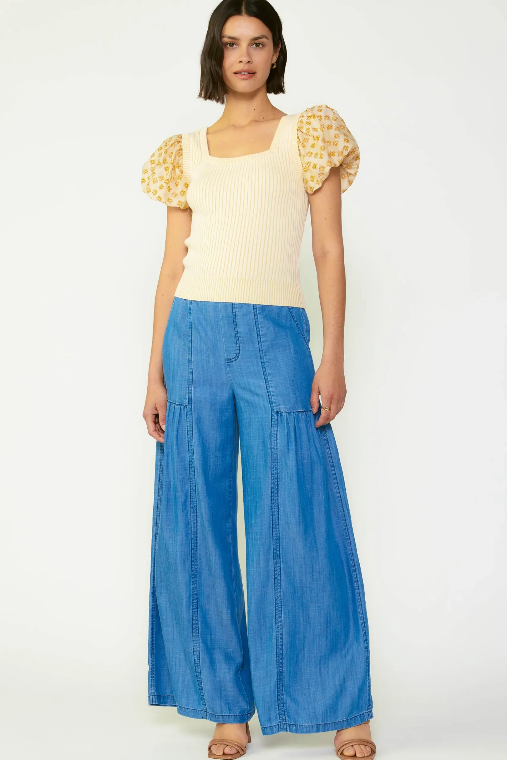 Current Air Short Sleeve Tops | Sweaters-Constrast Puff Sleeve Sweater Top APRICOTMLT