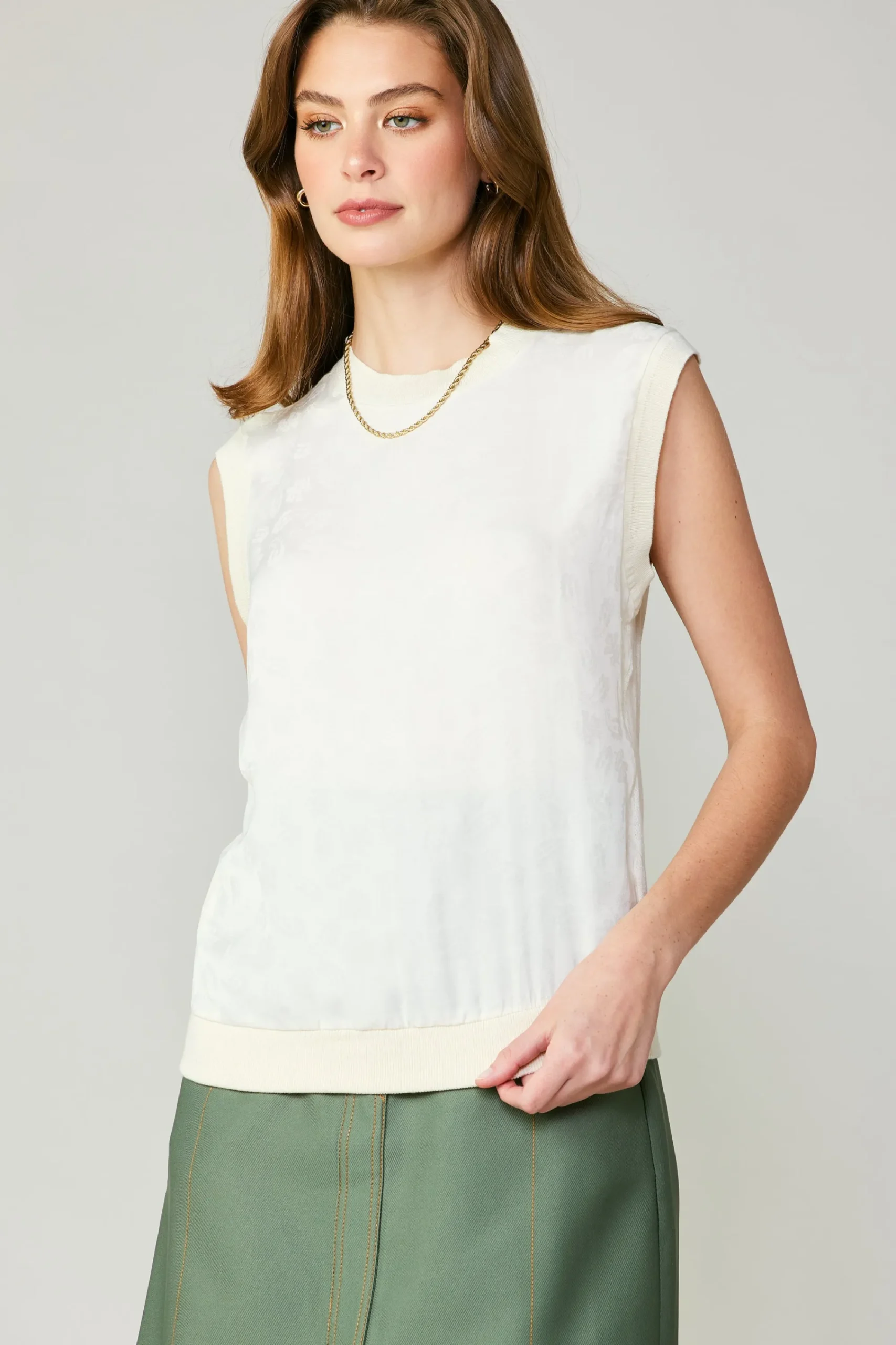 Current Air Sleeveless Tops | Sweaters-Contrast Crewneck Top ECRU