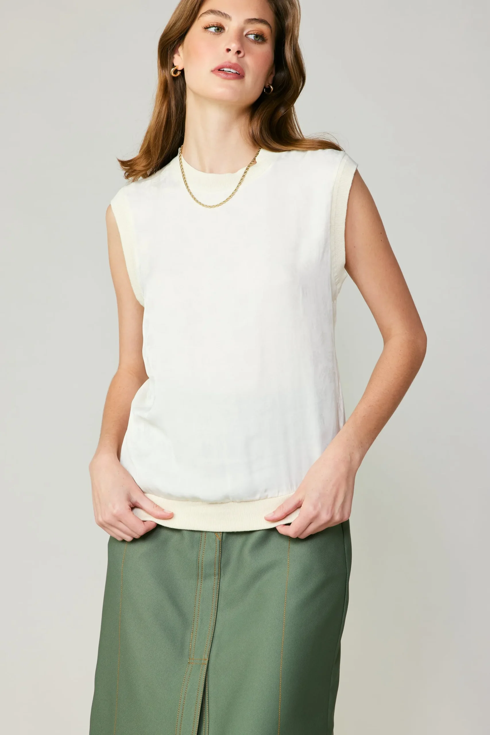 Current Air Sleeveless Tops | Sweaters-Contrast Crewneck Top ECRU