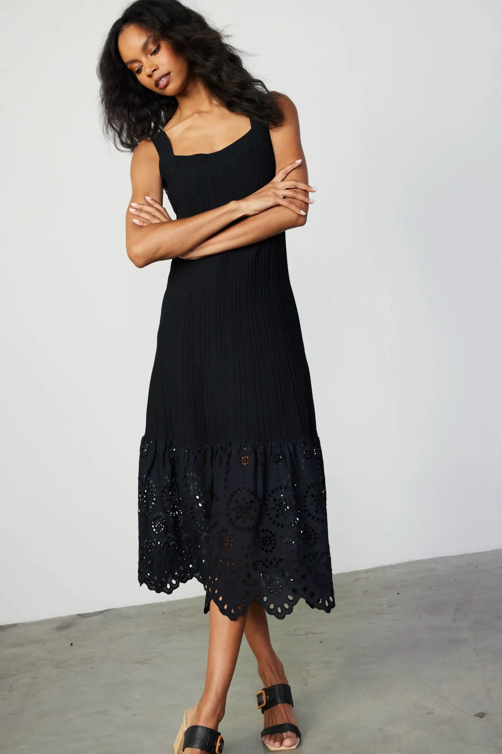 Current Air Knitwear | Midi Dresses-Contrast Lace Knit Dress BLACK