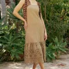 Current Air Knitwear | Midi Dresses-Contrast Lace Knit Dress LATTE