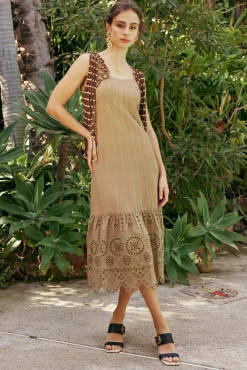 Current Air Knitwear | Midi Dresses-Contrast Lace Knit Dress LATTE
