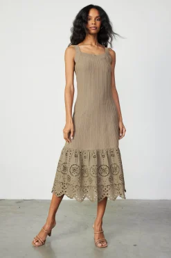 Current Air Knitwear | Midi Dresses-Contrast Lace Knit Dress LATTE