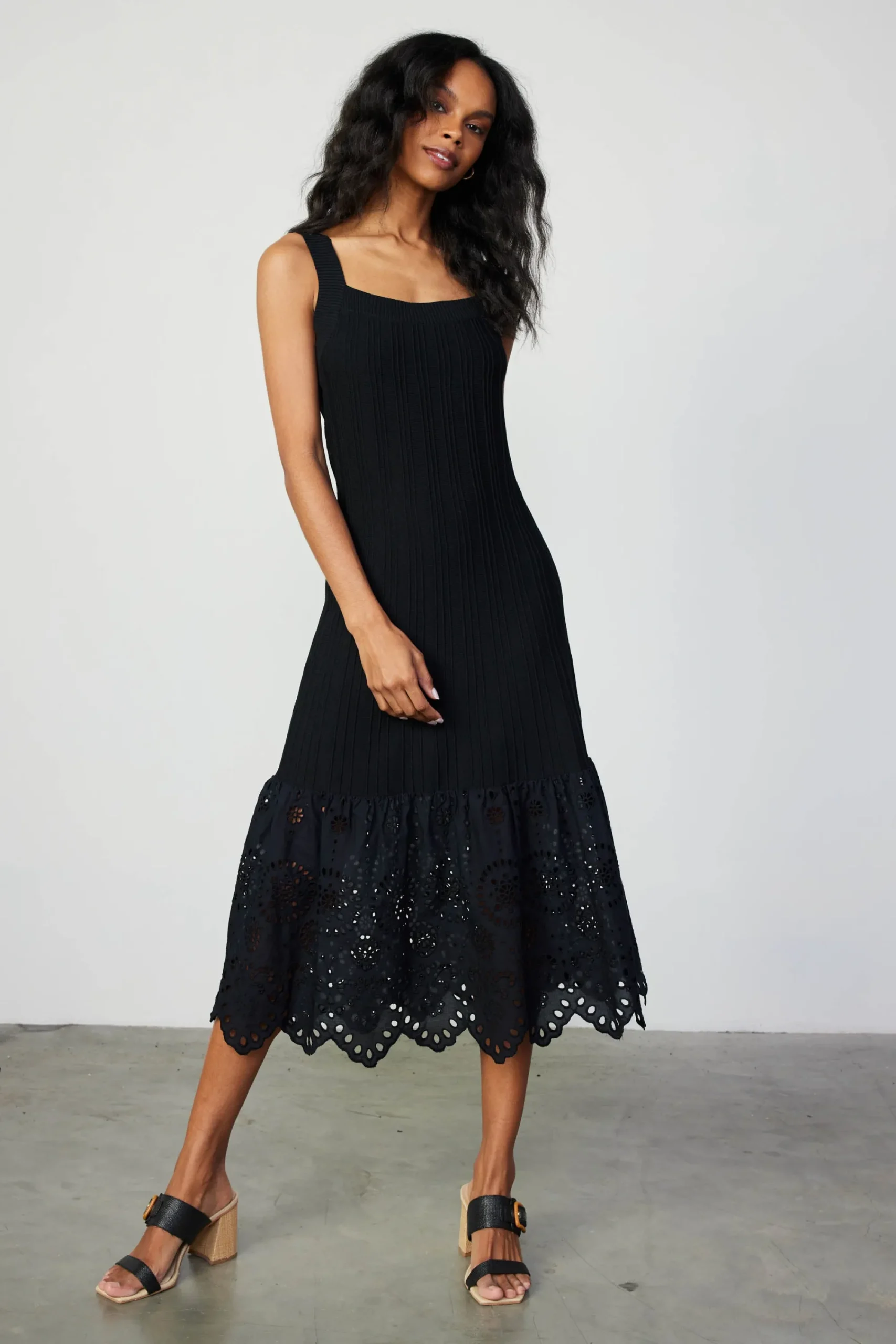 Current Air Knitwear | Midi Dresses-Contrast Lace Knit Dress BLACK