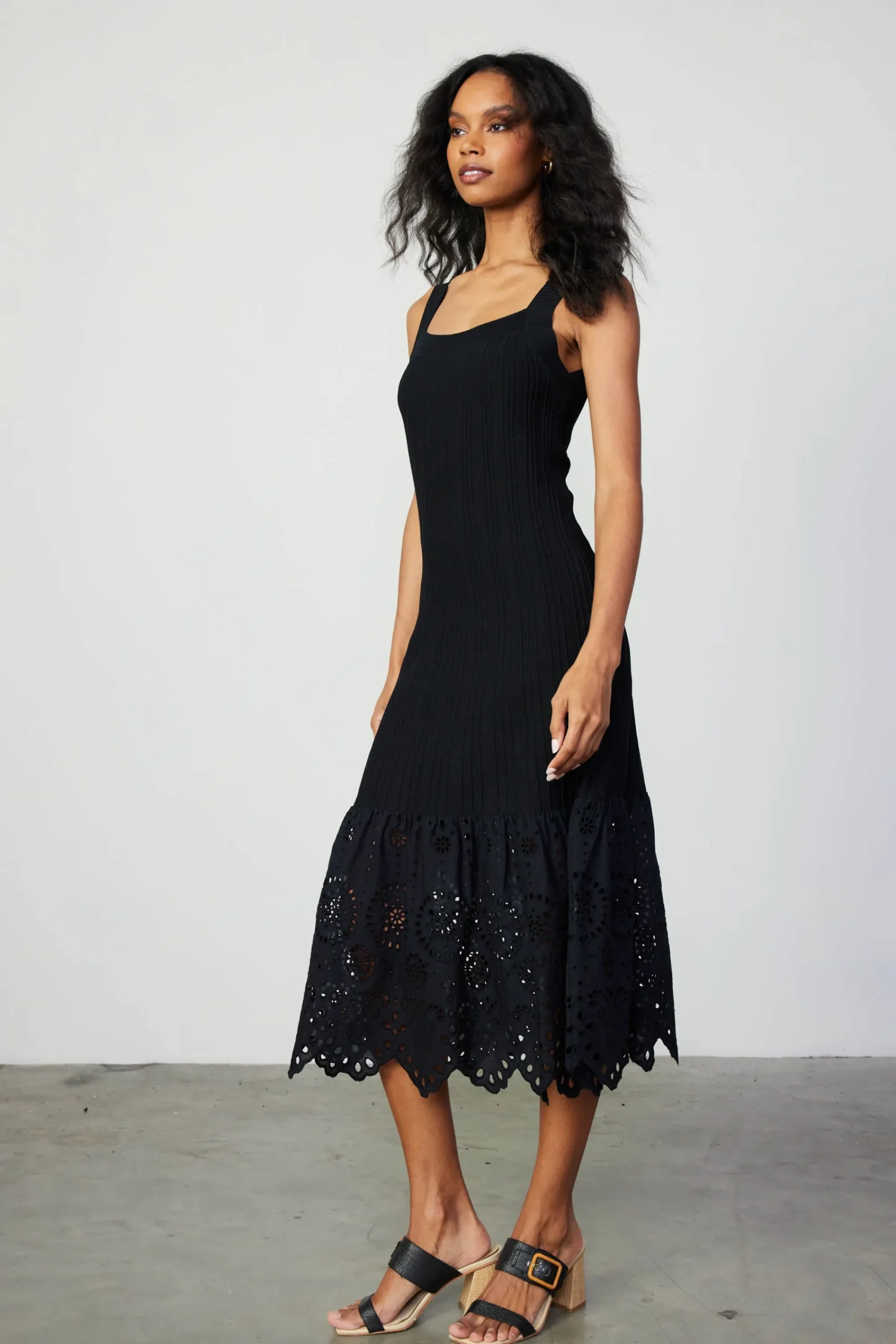 Current Air Knitwear | Midi Dresses-Contrast Lace Knit Dress BLACK