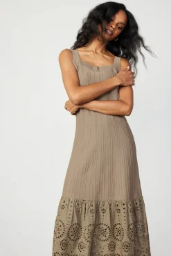 Current Air Knitwear | Midi Dresses-Contrast Lace Knit Dress LATTE