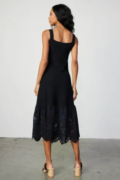 Current Air Knitwear | Midi Dresses-Contrast Lace Knit Dress BLACK