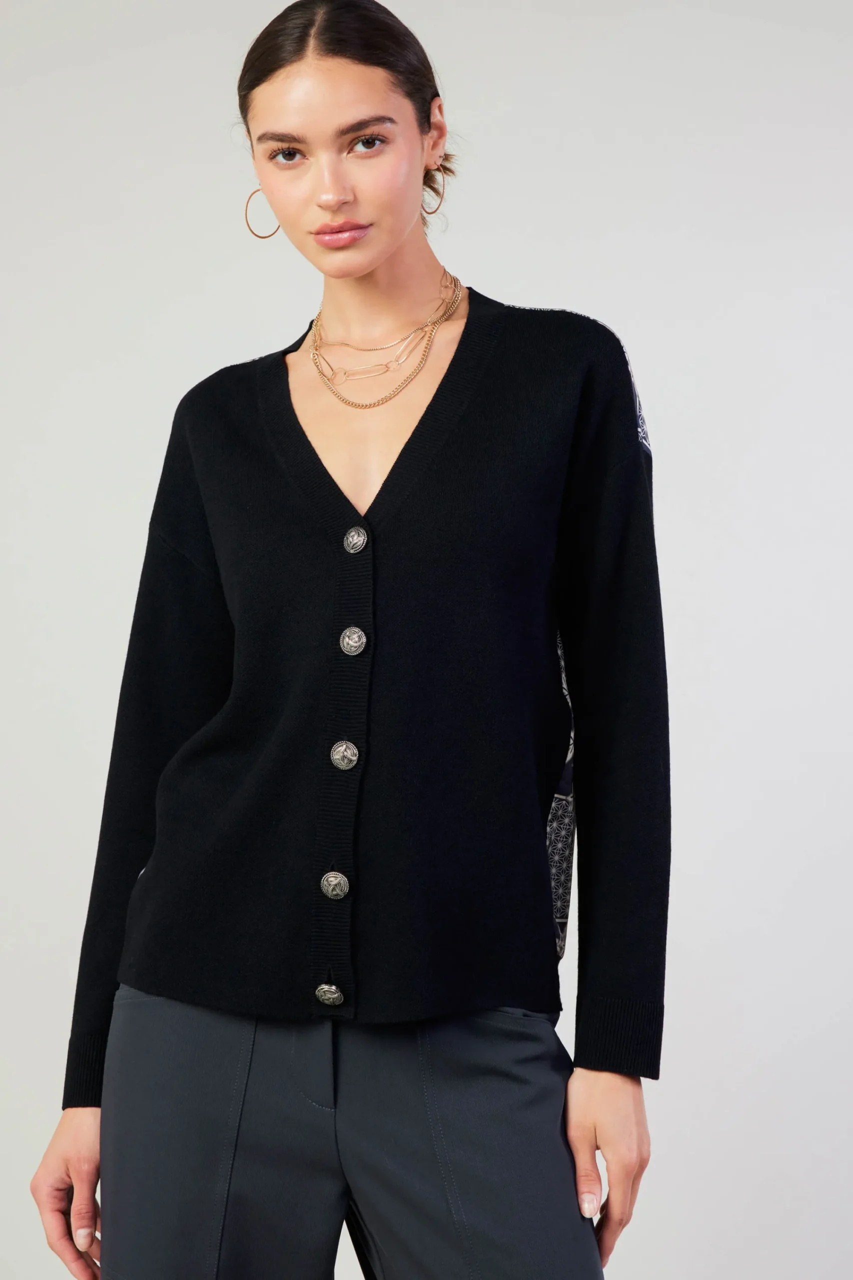 Current Air Cardigans | Sweaters-Contrast Paneled Cardigan BLACK