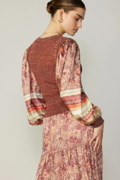 Current Air Sweaters-Contrast Sleeve Border Print Sweater BRICKSAGEMLT